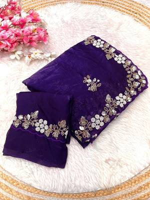 Purple fendy satin with beads work saree with unstitched blouse 3