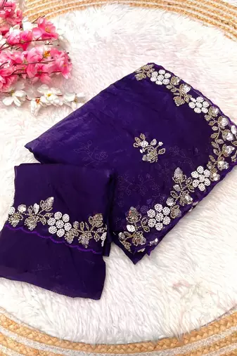 Purple fendy satin with beads work saree with unstitched blouse