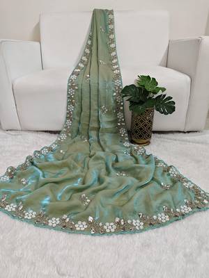 Pista fendy satin with beads work saree with unstitched blouse 1