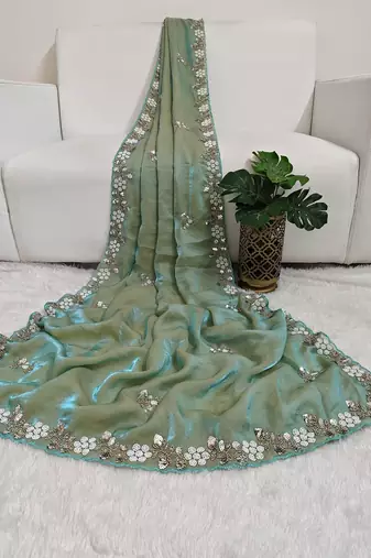 Pista fendy satin with beads work saree with unstitched blouse