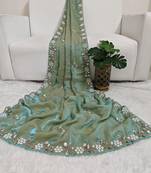 Pista fendy satin with beads work saree with unstitched blouse