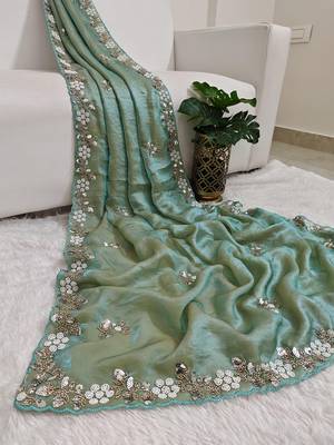 Pista fendy satin with beads work saree with unstitched blouse 2