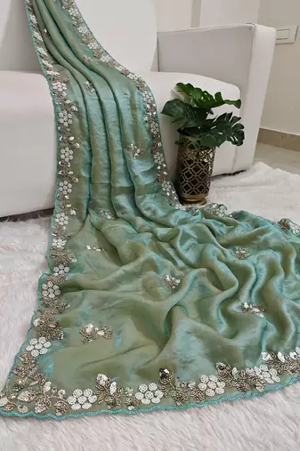 Pista fendy satin with beads work saree with unstitched blouse
