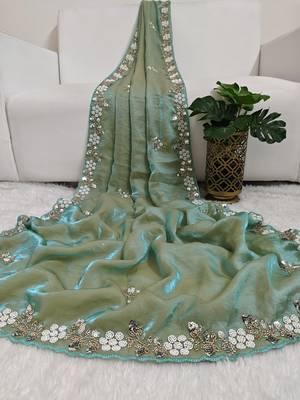 Pista fendy satin with beads work saree with unstitched blouse 3