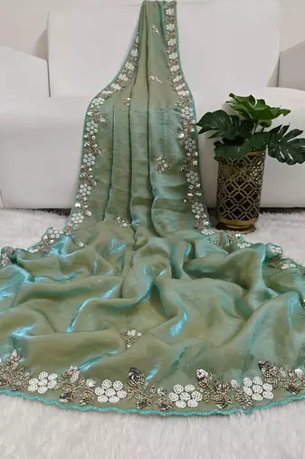 Pista fendy satin with beads work saree with unstitched blouse