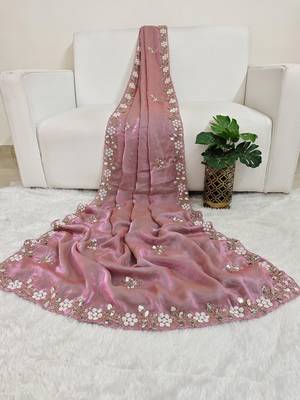 Pink fendy satin with beads work saree with unstitched blouse 1
