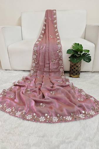 Pink fendy satin with beads work saree with unstitched blouse