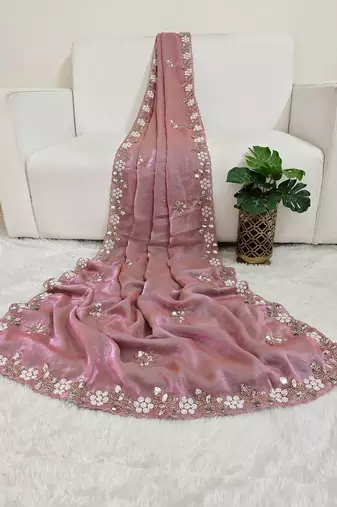 Pink fendy satin with beads work saree with unstitched blouse