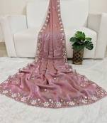 Pink fendy satin with beads work saree with unstitched blouse