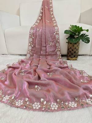 Pink fendy satin with beads work saree with unstitched blouse 2