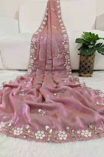 Pink fendy satin with beads work saree with unstitched blouse