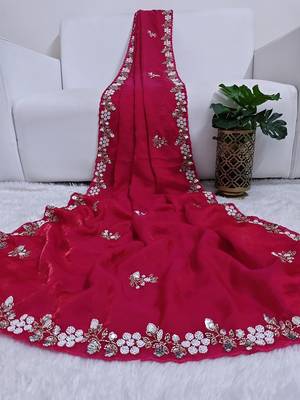 Ranipink fendy satin with beads work saree with unstitched blouse 1