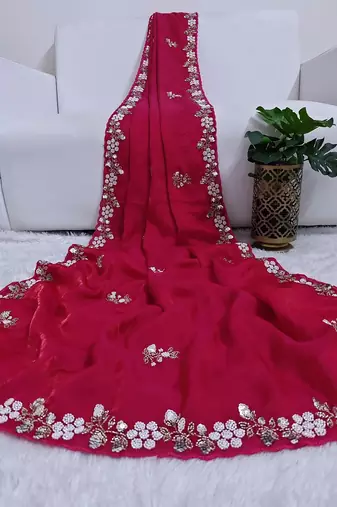 Ranipink fendy satin with beads work saree with unstitched blouse