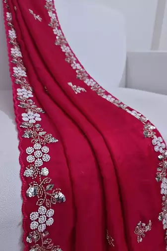 Ranipink fendy satin with beads work saree with unstitched blouse