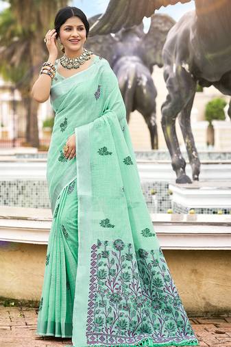 Sangam prints olive green linen woven work traditional saree