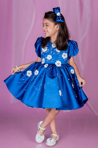 Blue embroidered satin dress