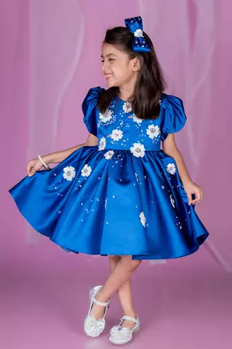 Blue embroidered satin dress