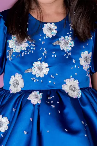 Blue embroidered satin dress