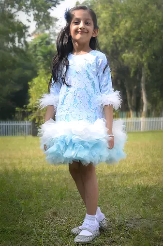 Blue embroidered satin dress