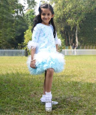Blue embroidered satin dress 3