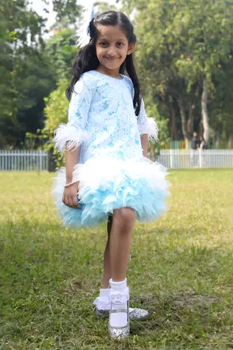 Blue embroidered satin dress