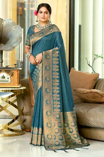 Sangam prints ocean blue assam silk woven work traditional saree