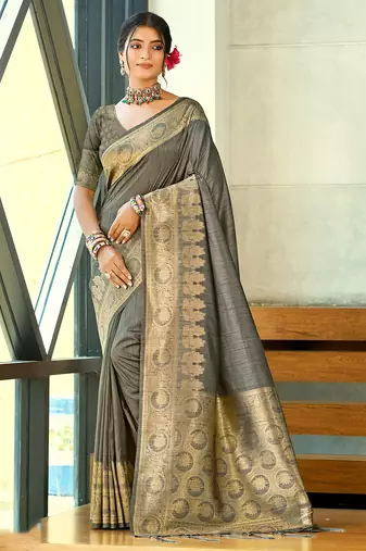 Sangam prints gray assam silk woven work traditional saree