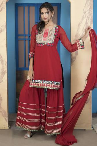 Maroon embroidered georgette stitched straight cut trouser kurta dupatta readymade suits