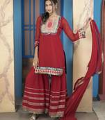Maroon embroidered georgette stitched straight cut trouser kurta dupatta readymade suits