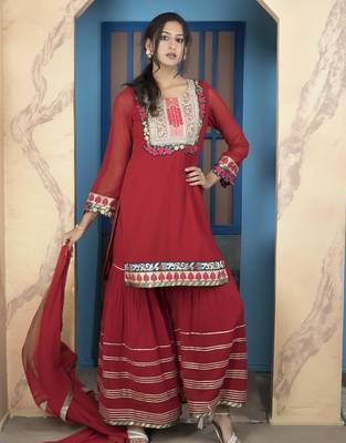 Maroon embroidered georgette stitched straight cut trouser kurta dupatta readymade suits 2