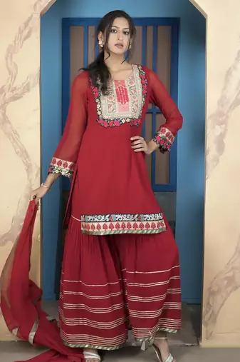 Maroon embroidered georgette stitched straight cut trouser kurta dupatta readymade suits