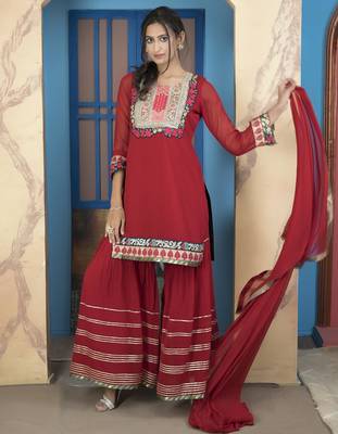 Maroon embroidered georgette stitched straight cut trouser kurta dupatta readymade suits 3