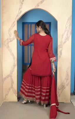 Maroon embroidered georgette stitched straight cut trouser kurta dupatta readymade suits 4
