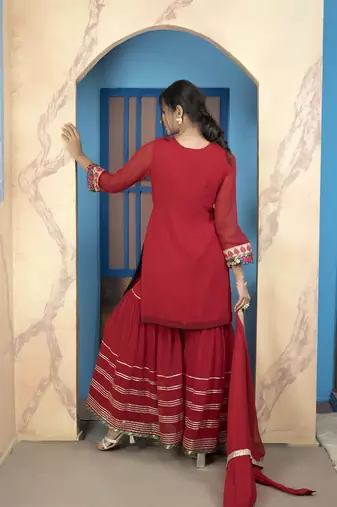 Maroon embroidered georgette stitched straight cut trouser kurta dupatta readymade suits