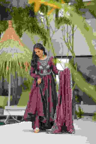 pv-silk chanderi embroidered kurta set with stitched top, bottom & dupatta