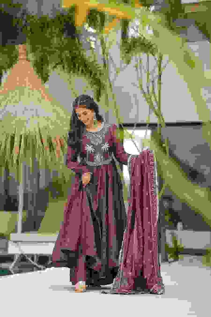 pv-silk chanderi embroidered kurta set with stitched top, bottom & dupatta