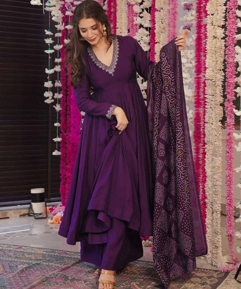 pv-silk chanderi embroidered kurta set with stitched top, bottom & dupatta