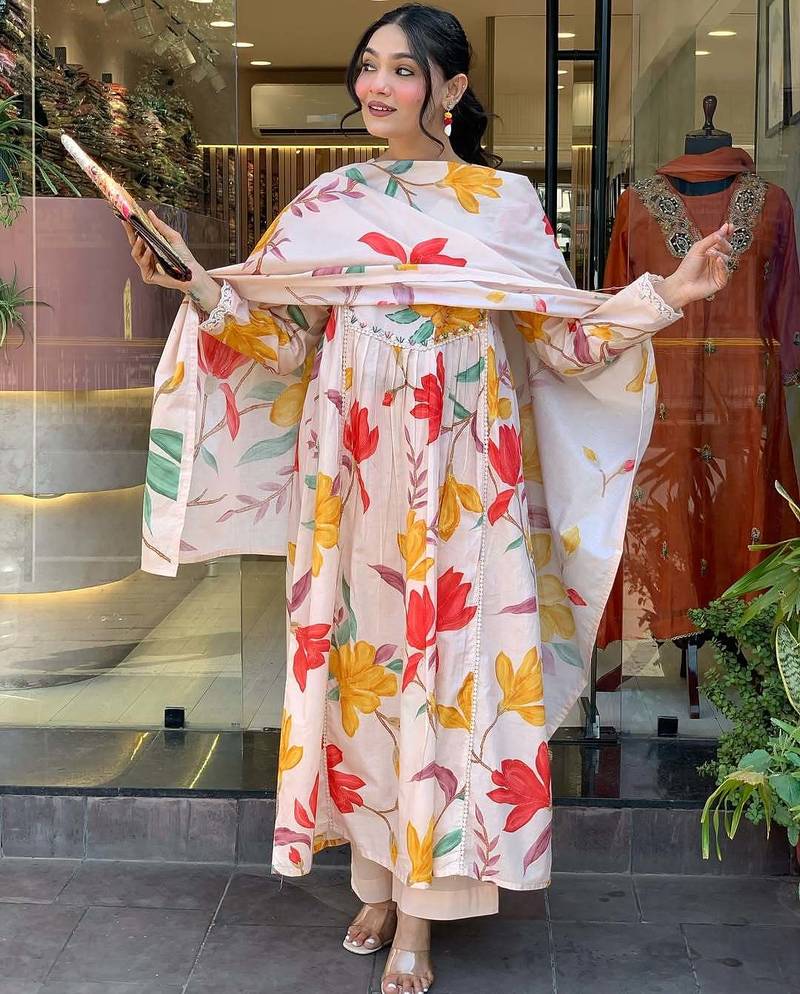 cotton blend embroidered kurta set with matching cotton blend dupatta