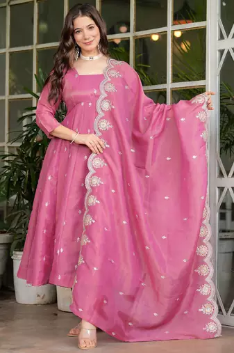 pv-silk chanderi embroidered kurta set with stitched top, bottom & dupatta