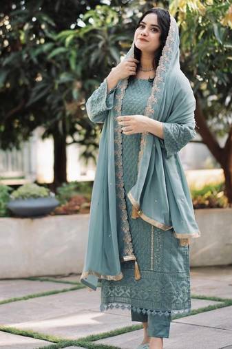 georgette embroidered kurta set with georgette dupatta   stylish & elegant ethnic wear