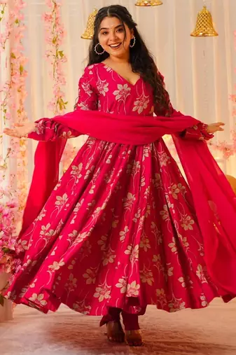 pv-silk chanderi embroidered kurta set with stitched top, bottom & dupatta