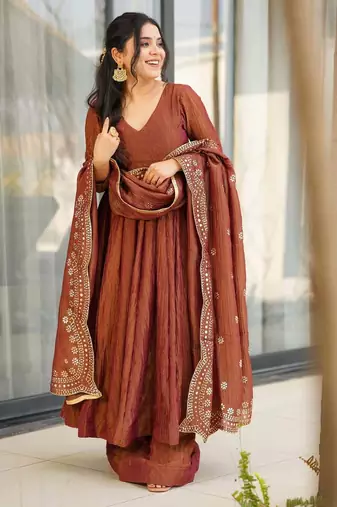 chinon embroidered kurta set with matching chinon dupatta