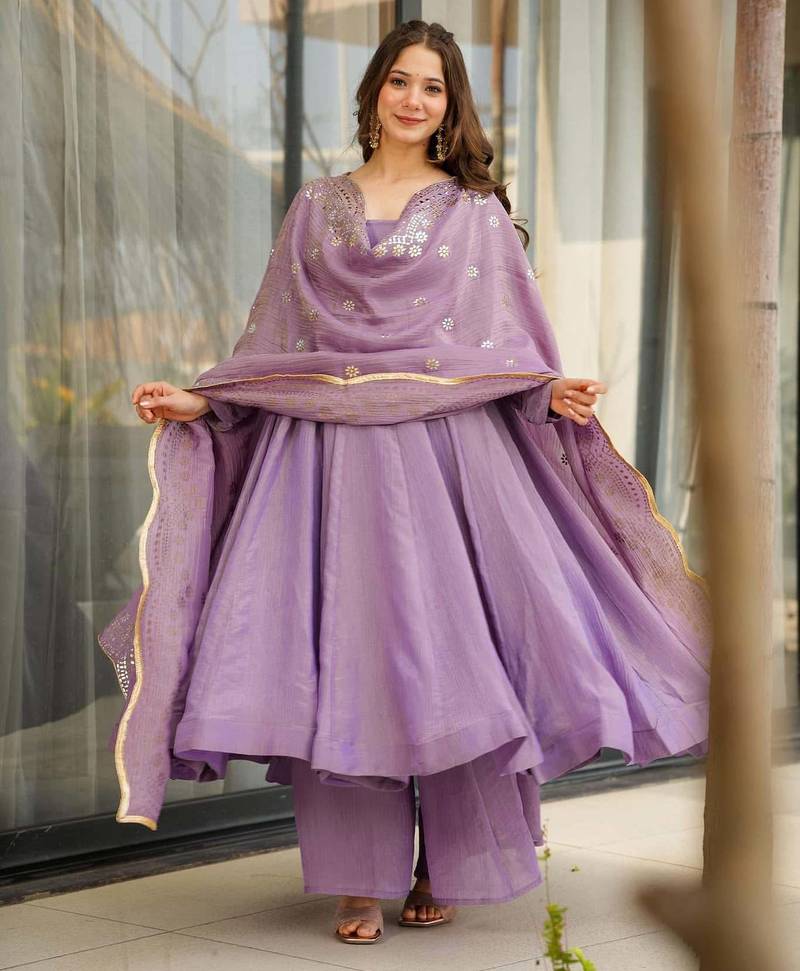 chinon embroidered kurta set with matching chinon dupatta