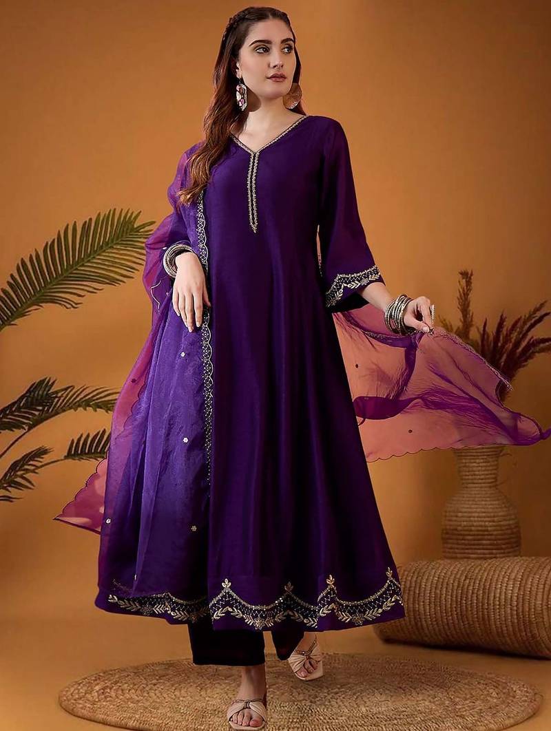 chinon embroidered kurta set with matching chinon dupatta