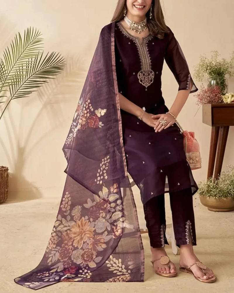 pv-silk chanderi embroidered kurta set with stitched top, bottom & dupatta