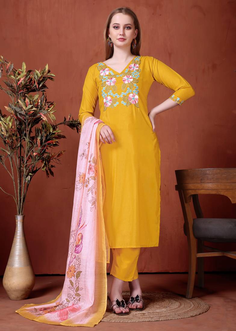 viscose rayon embroidered kurta set with matching viscose rayon dupatta