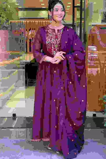 pv-silk chanderi embroidered kurta set with stitched top, bottom & dupatta