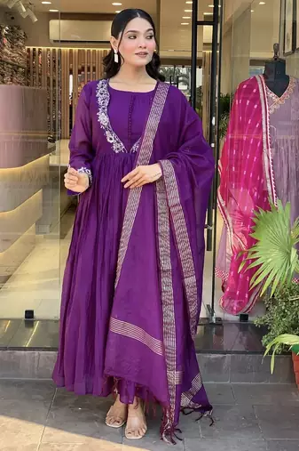 chinon embroidered kurta set with matching chinon dupatta
