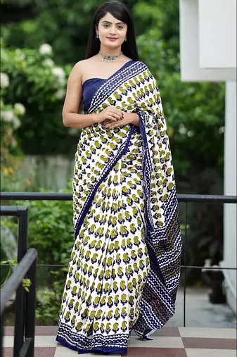 White cotton printed fancy saree with blouse