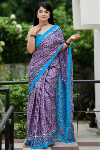 Pink cotton printed fancy saree with blouse
